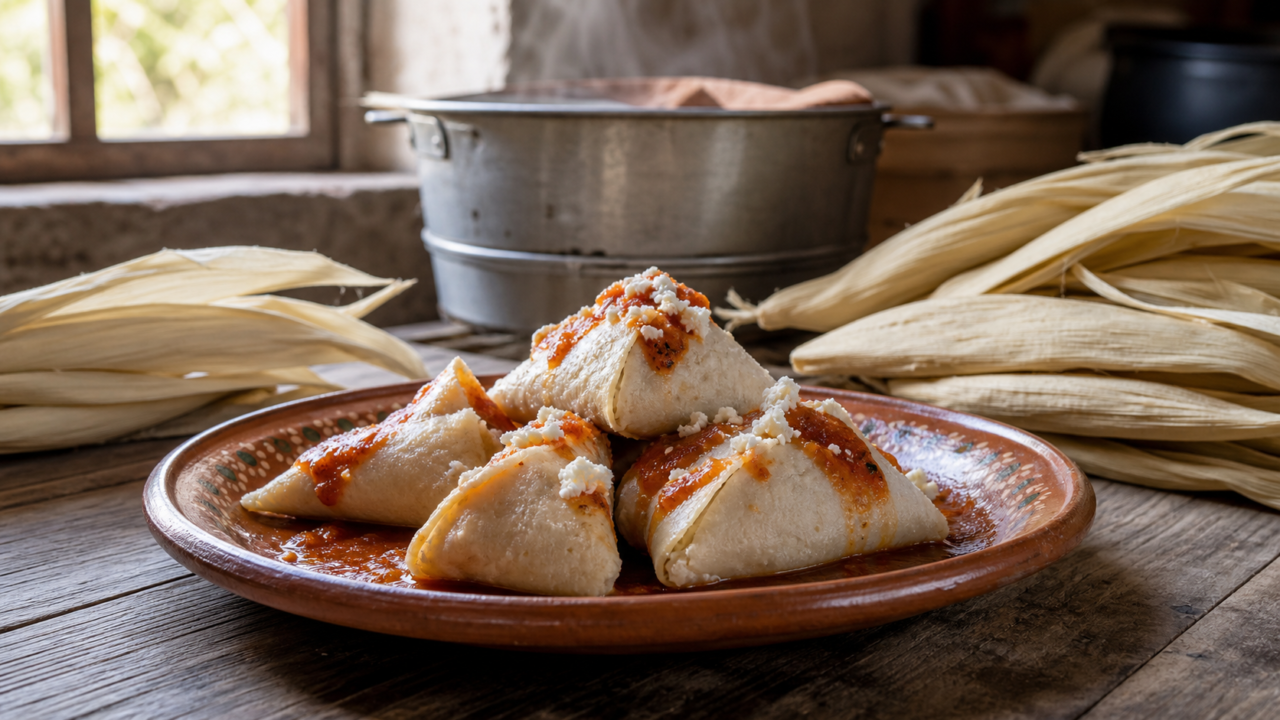 Corundas michoacanas triangulares con salsa roja y queso en plato de barro junto a hojas de maíz