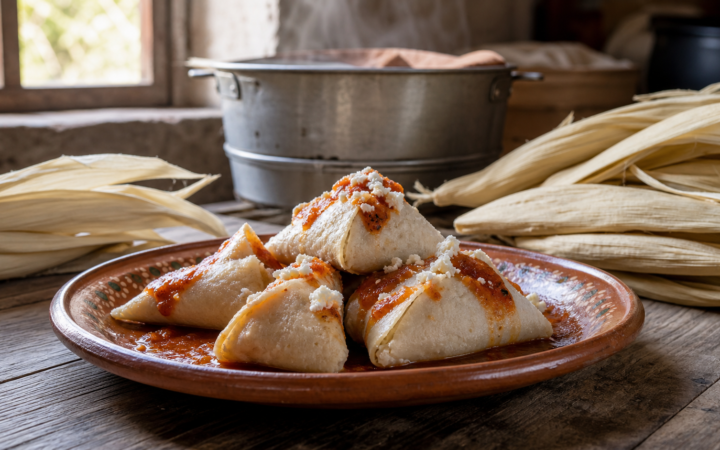 Corundas michoacanas triangulares con salsa roja y queso en plato de barro junto a hojas de maíz