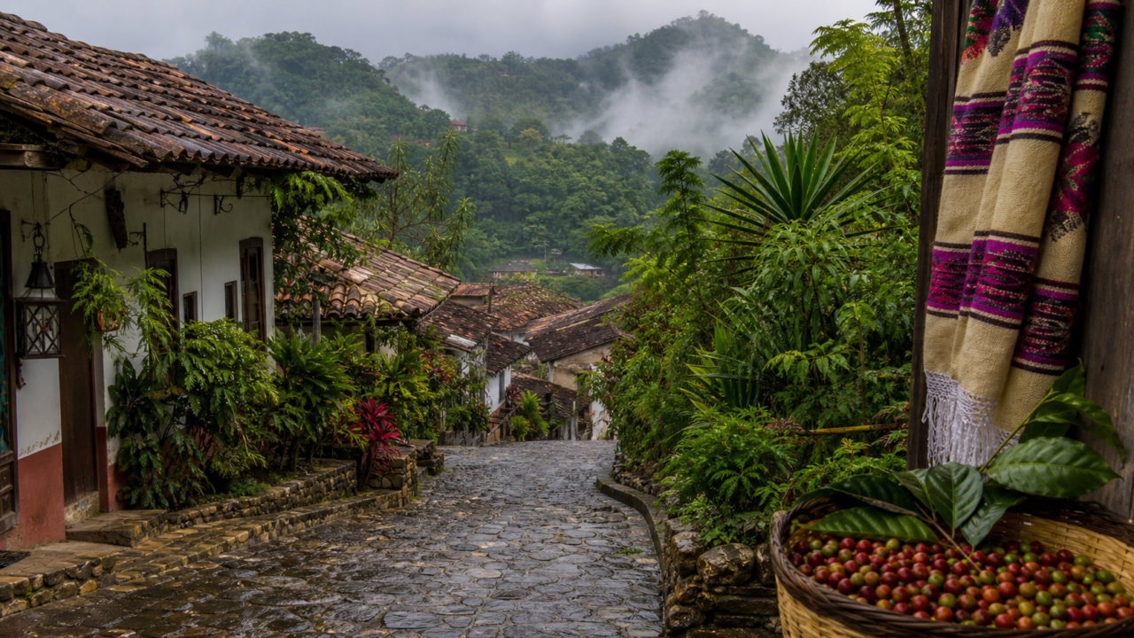Calle empedrada de Cuetzalan entre vegetación, café y niebla de la Sierra Norte de Puebla