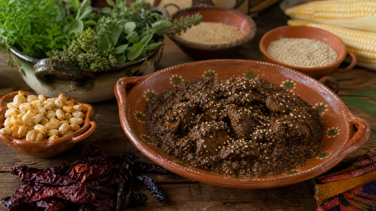Mole de granillo del Istmo de Oaxaca servido en cazuela de barro, con maíz, chiles y hierbas alrededor