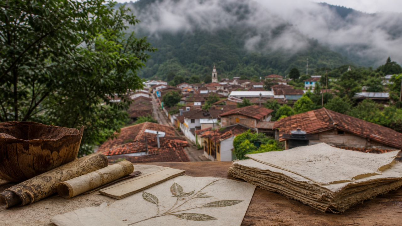 Papel amate artesanal y vista de Pahuatlán entre la neblina de la Sierra Norte de Puebla
