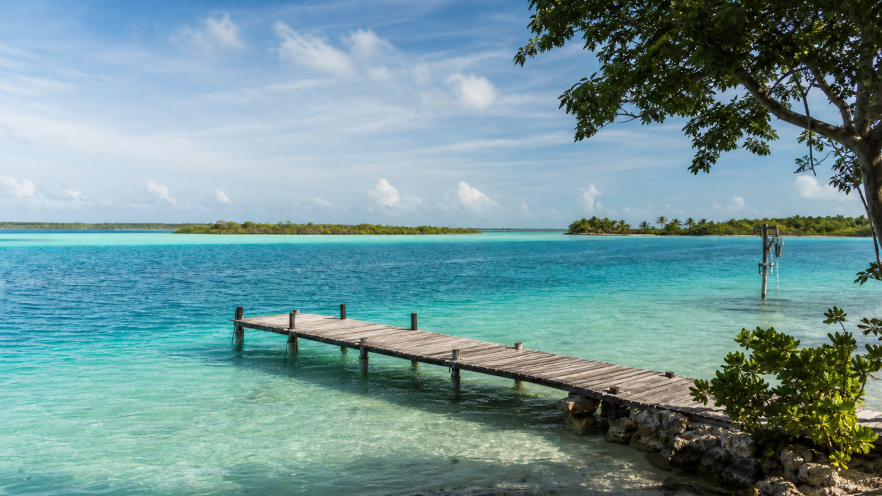 Laguna de Bacalar de tonos turquesa con vegetación caribeña