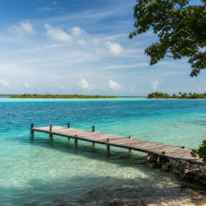 Laguna de Bacalar de tonos turquesa con vegetación caribeña