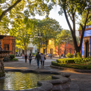 Plaza arbolada de Coyoacán con fuente y arquitectura histórica al amanecer