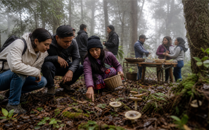 Guía comunitaria muestra hongos silvestres a visitantes en el bosque nublado de San José del Pacífico, Oaxaca.