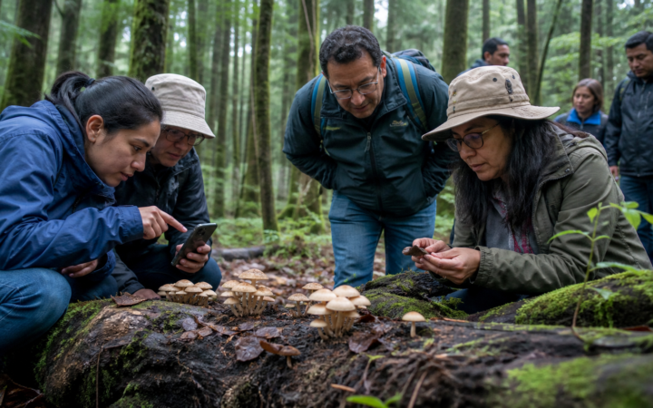 Hongos silvestres sobre suelo húmedo del bosque de la Ciudad de México durante una actividad ambiental.