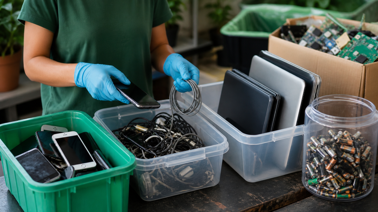 Persona separa un celular, cargadores y una batería en contenedores para residuos electrónicos.