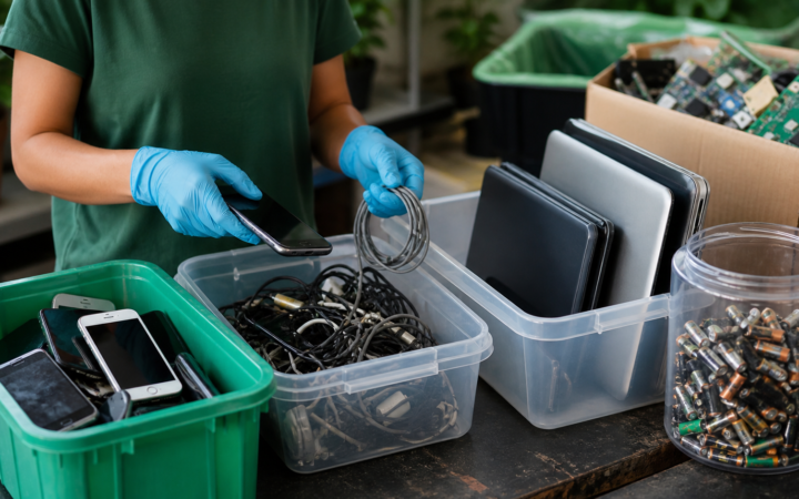Persona separa un celular, cargadores y una batería en contenedores para residuos electrónicos.