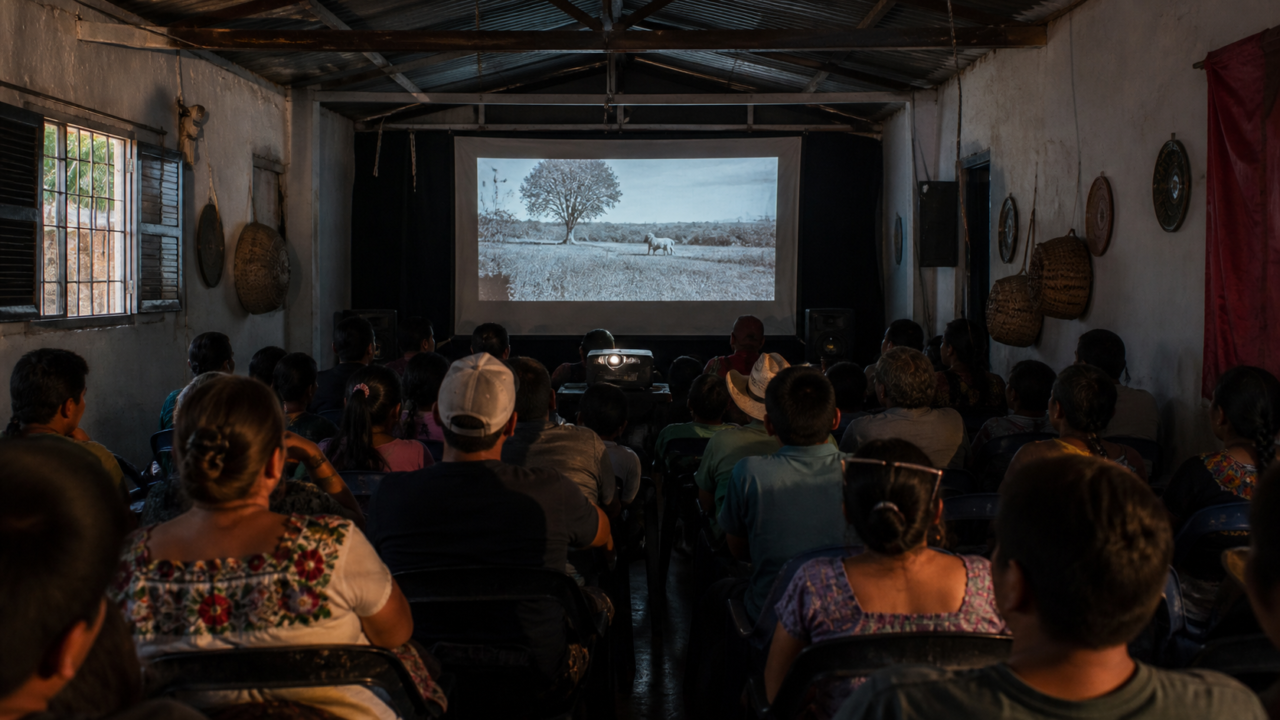 Sala de cine comunitaria con proyector encendido y butacas listas para una función.