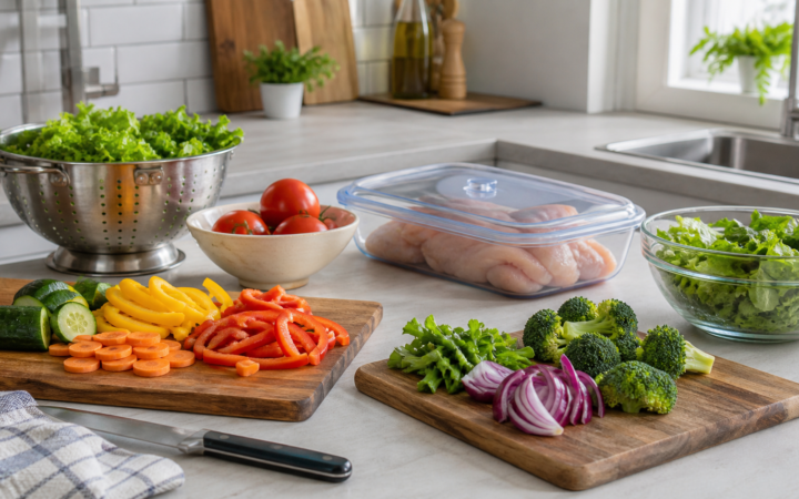 Cocina organizada con tablas separadas, verduras lavadas y alimentos crudos apartados