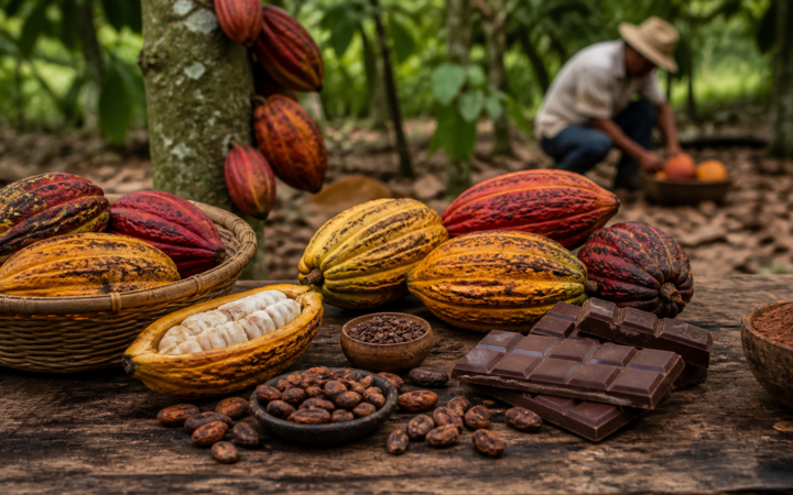 Mazorcas de cacao abiertas junto a semillas y una tableta de chocolate artesanal en una mesa de madera.
