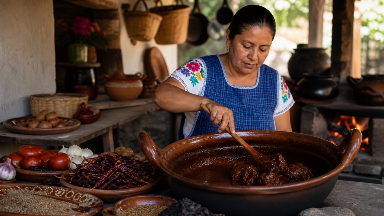 Cocinera tradicional sirve mole de caderas en una cocina comunitaria, con cazuela de barro y chiles regionales.
