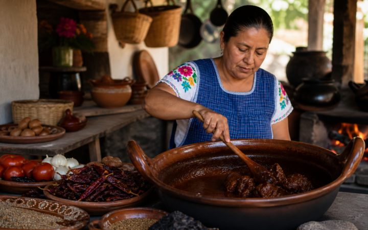 Cocinera tradicional sirve mole de caderas en una cocina comunitaria, con cazuela de barro y chiles regionales.