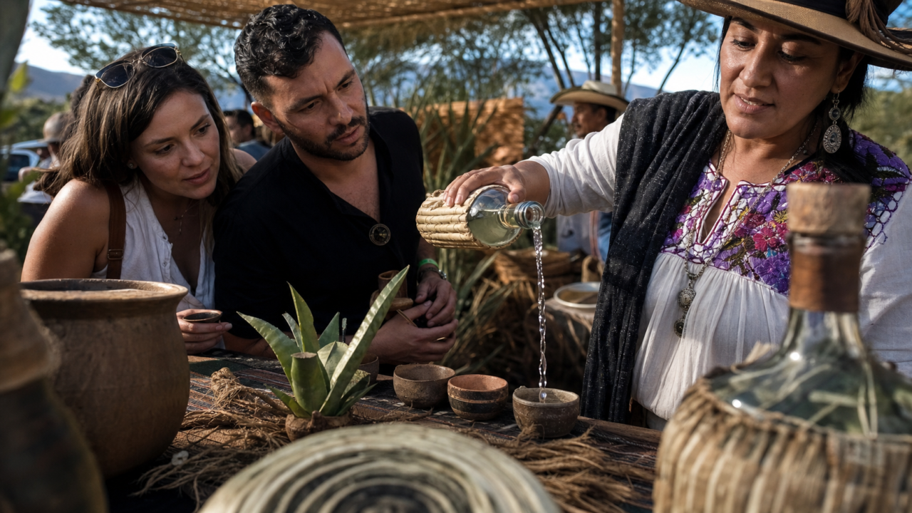 Productor vierte mezcal en una copita mientras visitantes observan la degustación en un festival al aire libre con agaves y artesanía regional.