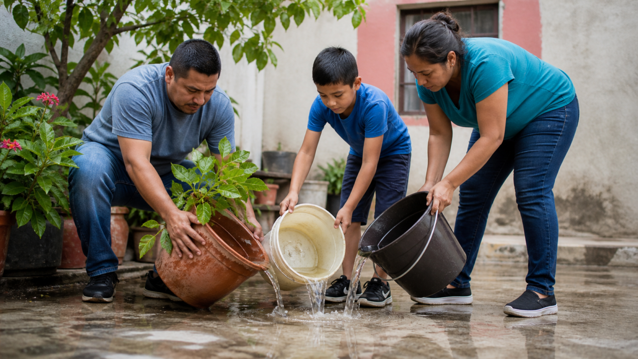 Familia revisa recipientes y elimina agua acumulada en un patio después de la lluvia.