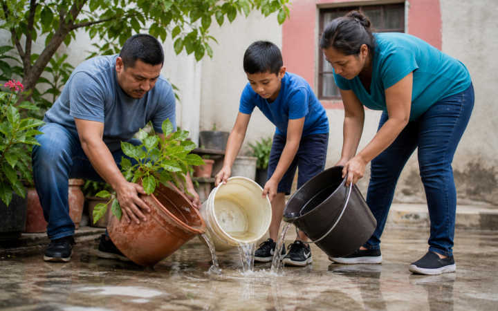 Familia revisa recipientes y elimina agua acumulada en un patio después de la lluvia.