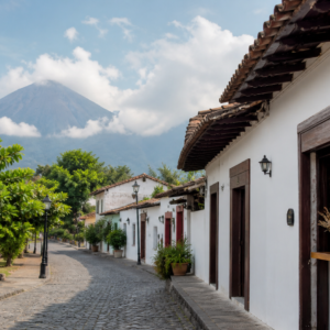 Calle de Comala, Colima, con fachadas blancas, árboles y el volcán al fondo bajo luz de tarde.