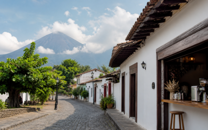 Calle de Comala, Colima, con fachadas blancas, árboles y el volcán al fondo bajo luz de tarde.