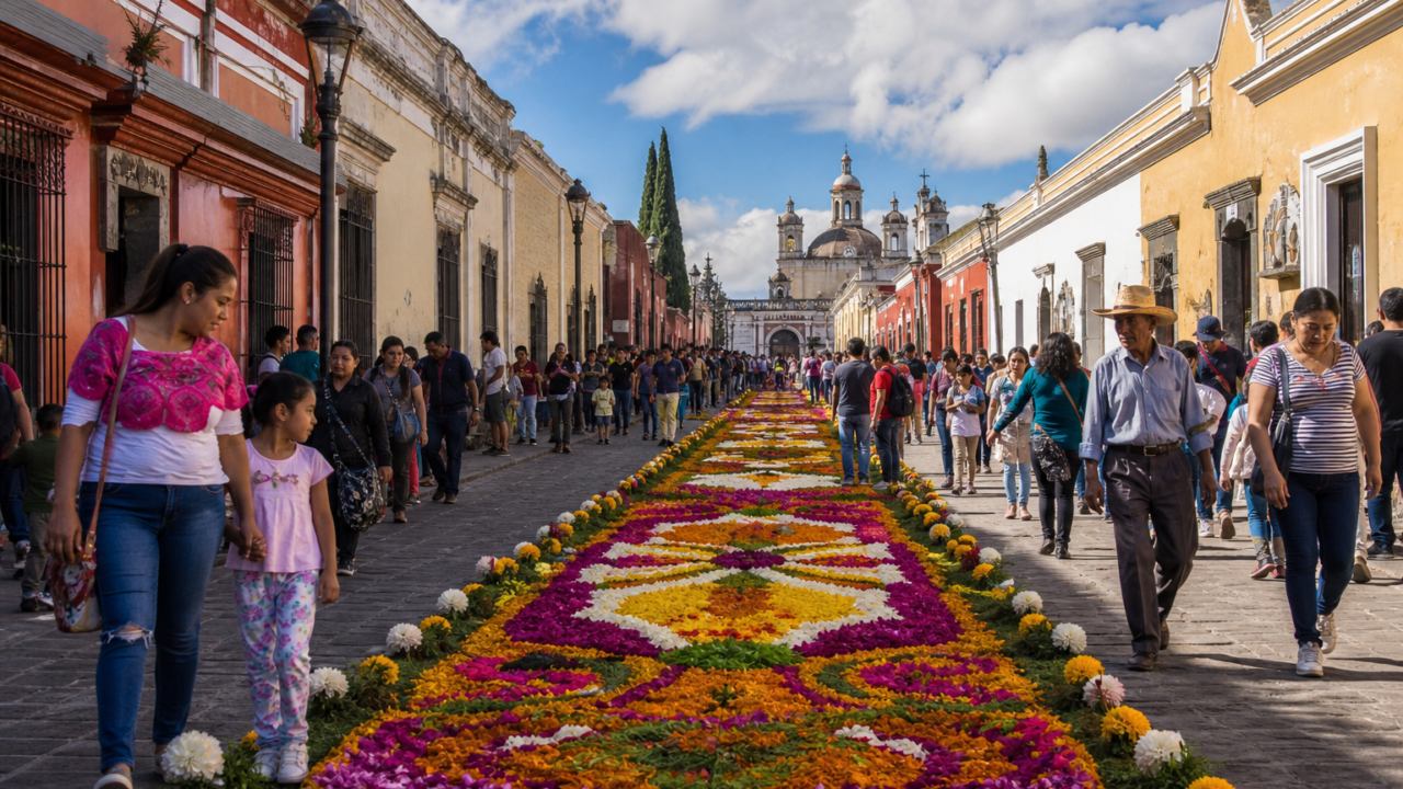 Visitantes recorren una calle de Huamantla decorada con un tapete de flores de colores