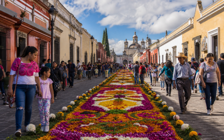 Visitantes recorren una calle de Huamantla decorada con un tapete de flores de colores