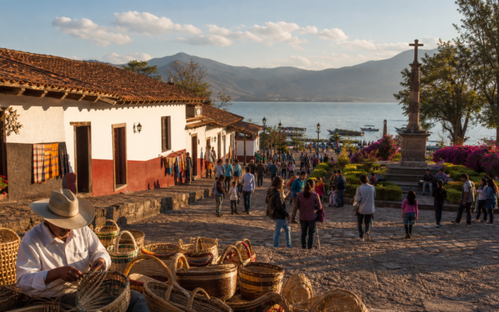 Visitantes recorren una plaza de Pátzcuaro frente al lago entre artesanías y arquitectura tradicional