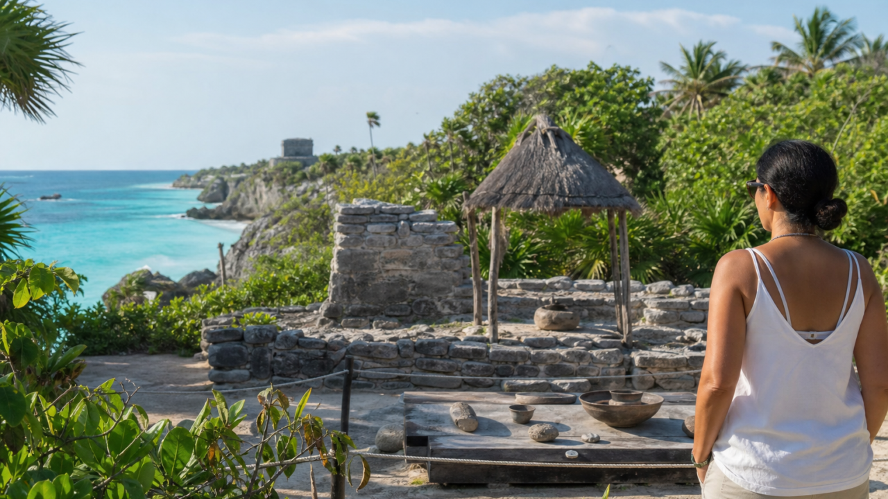 Visitante observa un espacio patrimonial junto a la costa caribeña de Xel-Há
