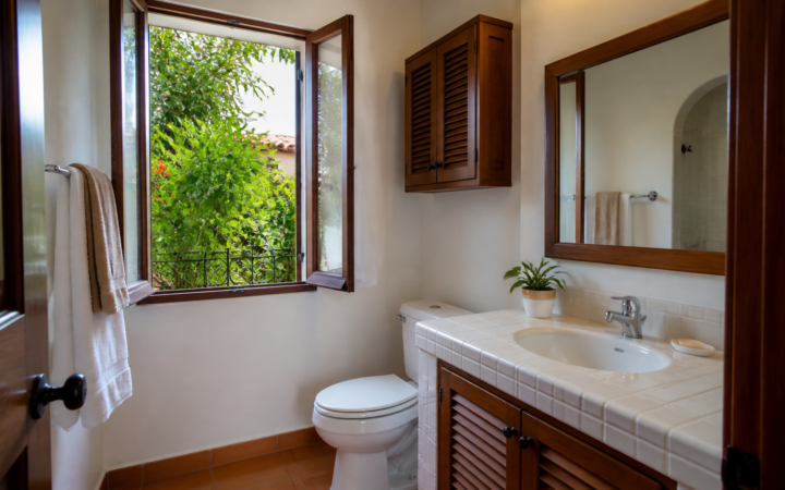 Baño doméstico ventilado con ventana abierta, toallas ordenadas y productos guardados en un mueble.