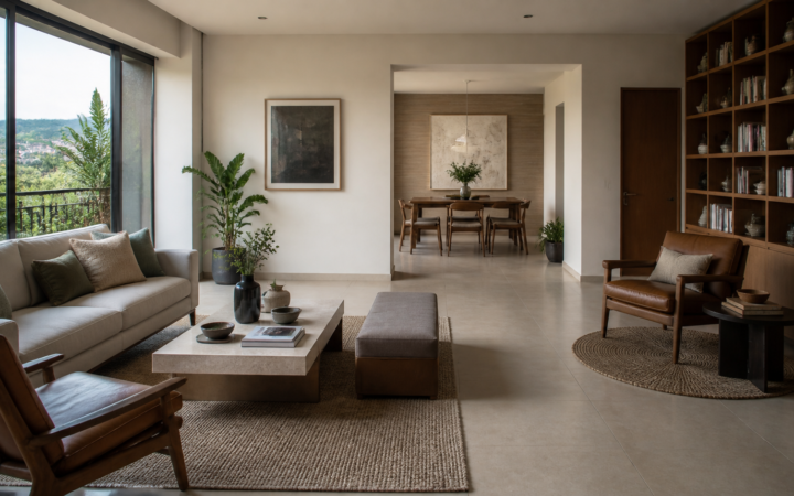 Plano sencillo de una sala con muebles separados en zonas de conversación, lectura y circulación.