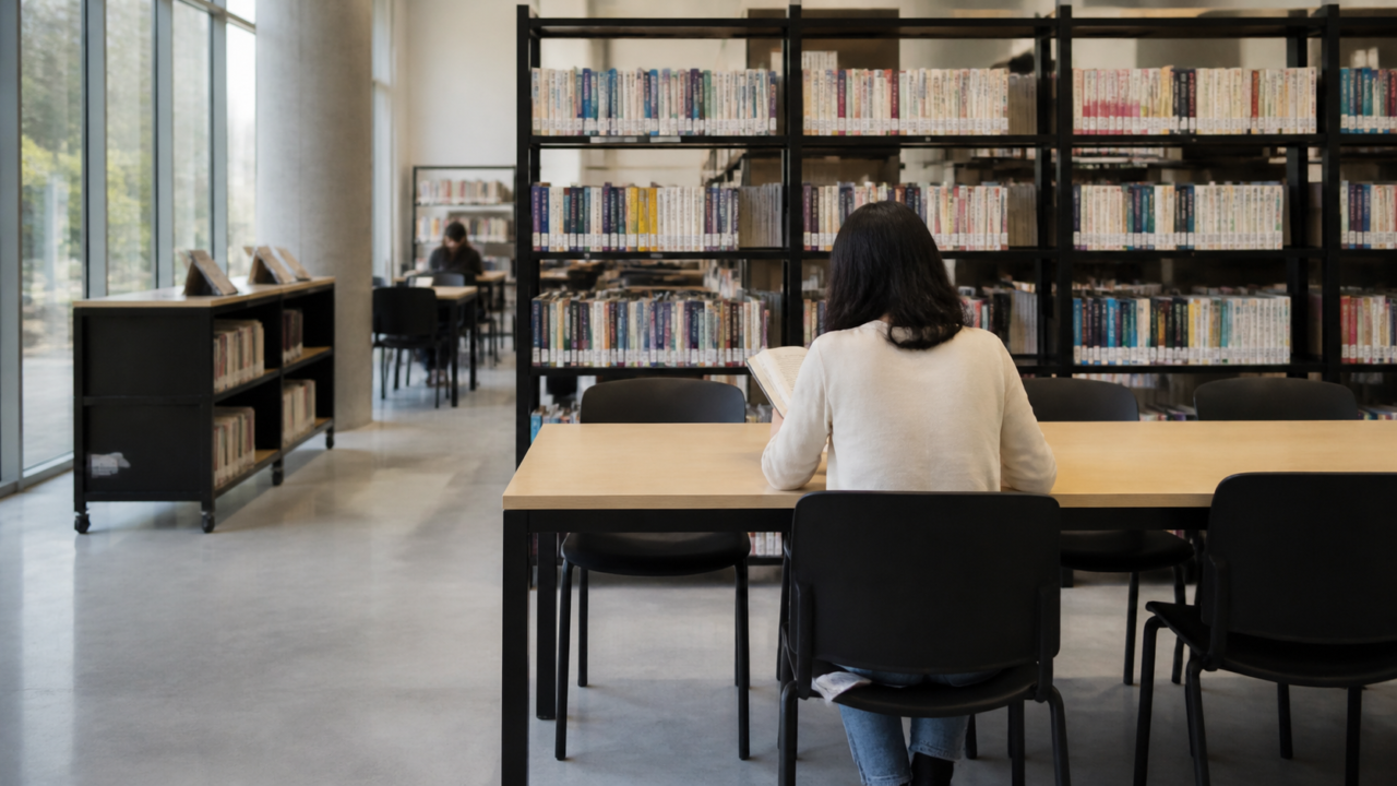 Biblioteca pública mexicana con estantes, mesas de estudio y una persona consultando una computadora
