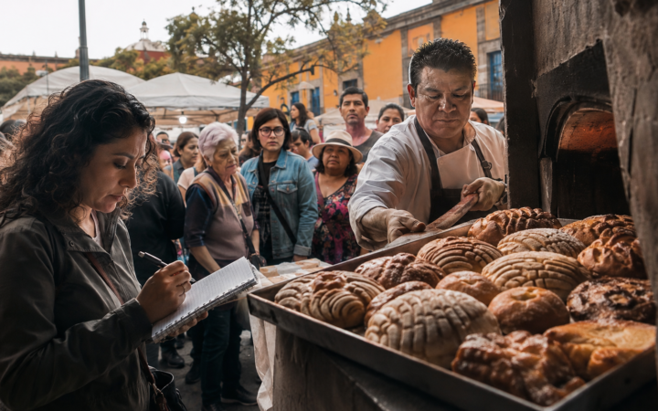 Personas observan una charola de pan dulce recién horneado en una feria gastronómica de Coyoacán, con panaderos y visitantes en una escena documental mexicana.
