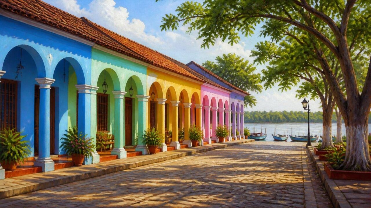 Ilustración de una calle de Tlacotalpan con portales de columnas pintados de azul, amarillo, verde y rosa, techos de teja roja y el río Papaloapan al fondo con lanchas