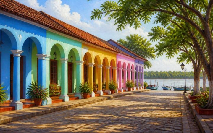 Ilustración de una calle de Tlacotalpan con portales de columnas pintados de azul, amarillo, verde y rosa, techos de teja roja y el río Papaloapan al fondo con lanchas