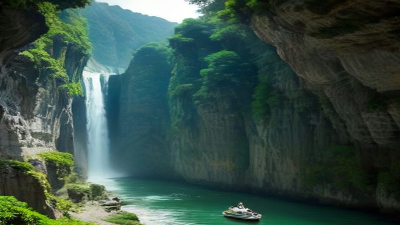 Ilustración del Cañón del Sumidero en Chiapas: una pequeña lancha blanca navega por el río Grijalva, de agua verde esmeralda, entre altísimas paredes de roca gris cubiertas de selva, con una cascada blanca que cae a un costado y bruma al fondo
