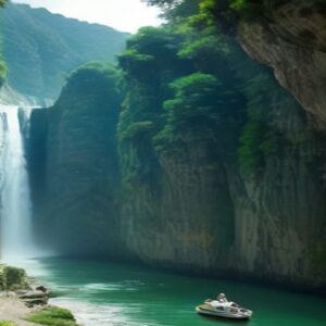 Ilustración del Cañón del Sumidero en Chiapas: una pequeña lancha blanca navega por el río Grijalva, de agua verde esmeralda, entre altísimas paredes de roca gris cubiertas de selva, con una cascada blanca que cae a un costado y bruma al fondo
