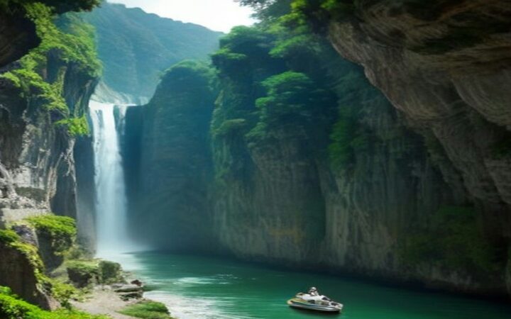 Ilustración del Cañón del Sumidero en Chiapas: una pequeña lancha blanca navega por el río Grijalva, de agua verde esmeralda, entre altísimas paredes de roca gris cubiertas de selva, con una cascada blanca que cae a un costado y bruma al fondo