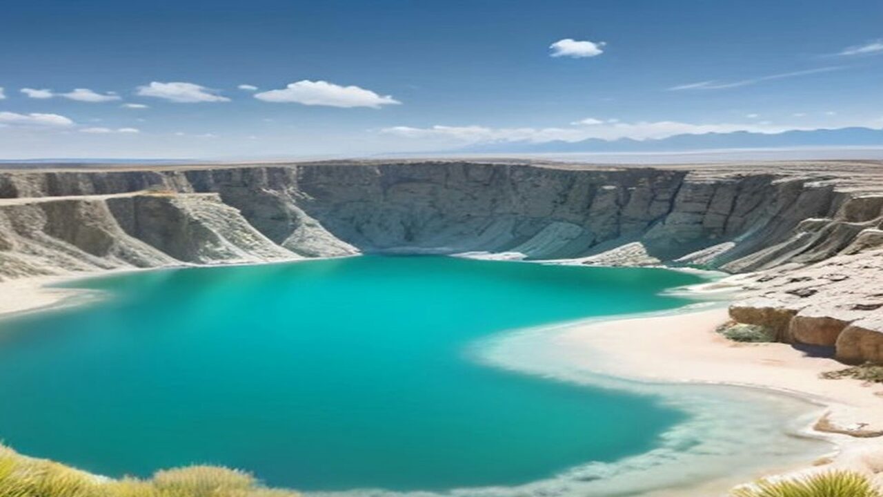 Ilustración de una poza de agua turquesa cristalina en el valle desértico de Cuatro Ciénegas, rodeada de paredes de roca clara y orillas de arena blanca, con pastizal dorado en primer plano y la sierra de Coahuila al fondo bajo un cielo azul con nubes