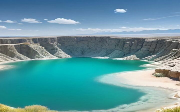 Ilustración de una poza de agua turquesa cristalina en el valle desértico de Cuatro Ciénegas, rodeada de paredes de roca clara y orillas de arena blanca, con pastizal dorado en primer plano y la sierra de Coahuila al fondo bajo un cielo azul con nubes