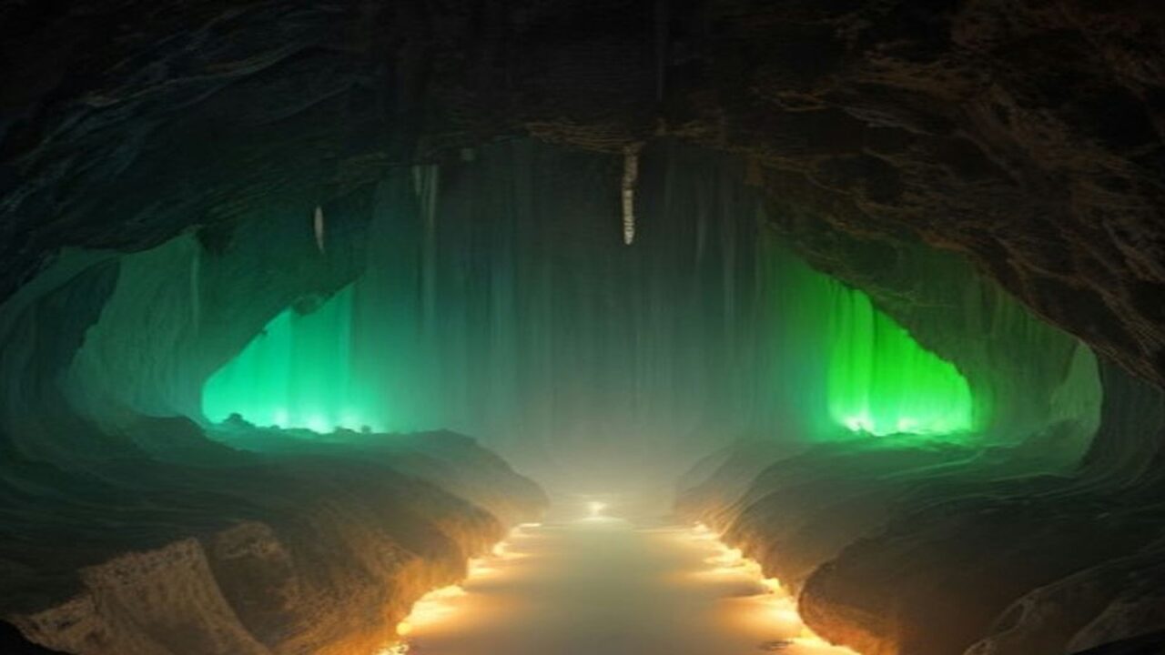 Ilustración del interior de una enorme caverna de piedra caliza: un andador iluminado con luces cálidas avanza entre paredes de roca ocre hacia el fondo, donde las formaciones brillan con luz verde y cuelgan algunas estalactitas