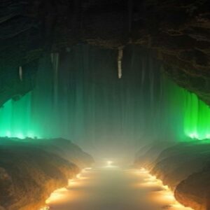 Ilustración del interior de una enorme caverna de piedra caliza: un andador iluminado con luces cálidas avanza entre paredes de roca ocre hacia el fondo, donde las formaciones brillan con luz verde y cuelgan algunas estalactitas