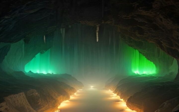 Ilustración del interior de una enorme caverna de piedra caliza: un andador iluminado con luces cálidas avanza entre paredes de roca ocre hacia el fondo, donde las formaciones brillan con luz verde y cuelgan algunas estalactitas