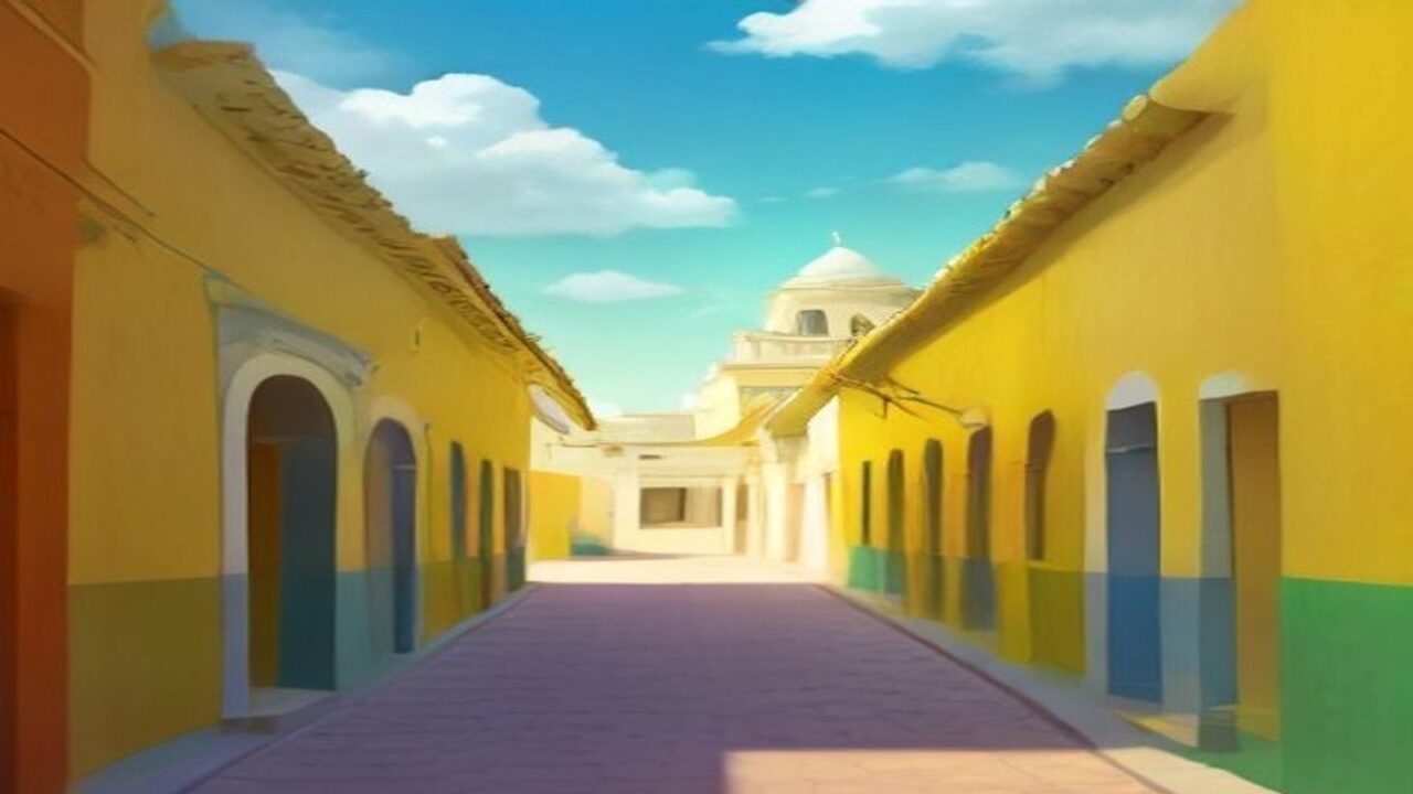 Ilustración de una calle de Izamal con fachadas pintadas de amarillo ocre y zoclos verdes, puertas en arco, empedrado rosado y una cúpula blanca al fondo bajo un cielo azul con nubes