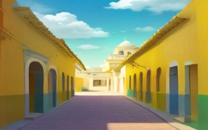 Ilustración de una calle de Izamal con fachadas pintadas de amarillo ocre y zoclos verdes, puertas en arco, empedrado rosado y una cúpula blanca al fondo bajo un cielo azul con nubes