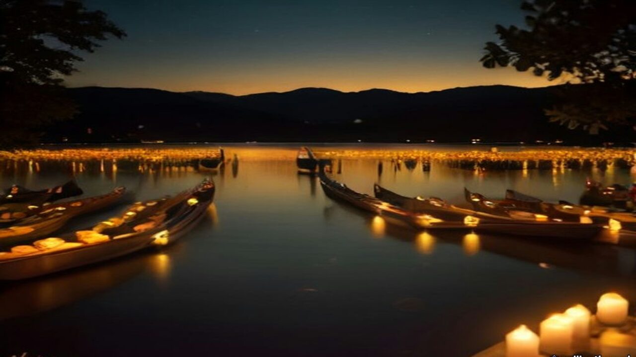 Ilustración del lago de Pátzcuaro de noche con lanchas de madera, velas flotantes y flores de cempasúchil naranja reflejadas en el agua oscura, con la silueta de la isla de Janitzio al fondo bajo un cielo estrellado