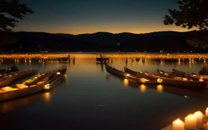 Ilustración del lago de Pátzcuaro de noche con lanchas de madera, velas flotantes y flores de cempasúchil naranja reflejadas en el agua oscura, con la silueta de la isla de Janitzio al fondo bajo un cielo estrellado