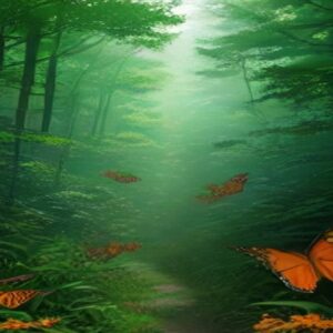 Ilustración de un bosque de coníferas envuelto en neblina verde, con un sendero que se pierde al fondo y varias mariposas monarca de alas naranjas con bordes negros volando entre helechos y plantas del sotobosque