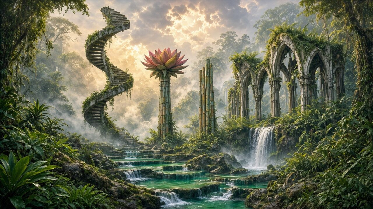 Ilustración de una escalera de concreto en espiral que sube hacia el cielo entre la selva de Xilitla, con columnas en forma de flor, arcos cubiertos de musgo y una cascada que cae en pozas color verde jade