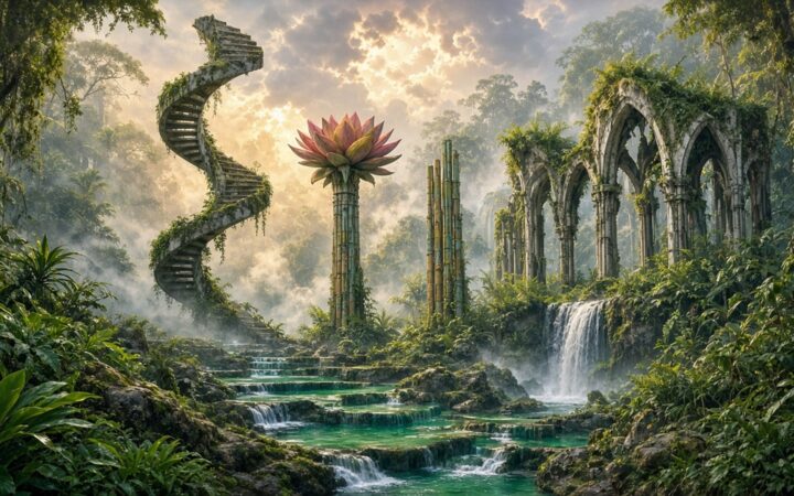 Ilustración de una escalera de concreto en espiral que sube hacia el cielo entre la selva de Xilitla, con columnas en forma de flor, arcos cubiertos de musgo y una cascada que cae en pozas color verde jade