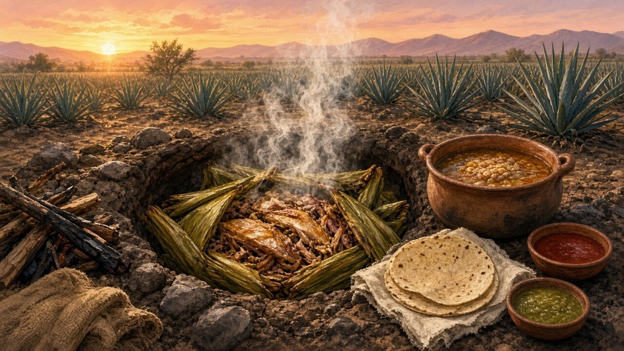 Ilustración de un horno de barbacoa en un hoyo de tierra recién abierto, con pencas de maguey asadas, carne dorada, una olla de consomé con garbanzos y tortillas hechas a mano junto a magueyes al amanecer