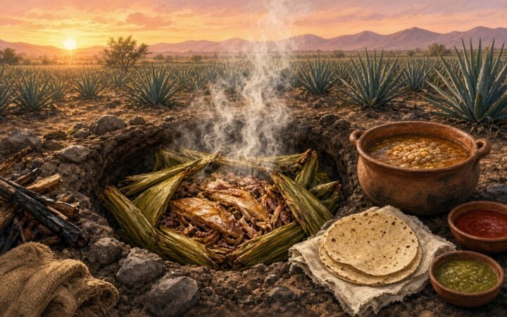 Ilustración de un horno de barbacoa en un hoyo de tierra recién abierto, con pencas de maguey asadas, carne dorada, una olla de consomé con garbanzos y tortillas hechas a mano junto a magueyes al amanecer
