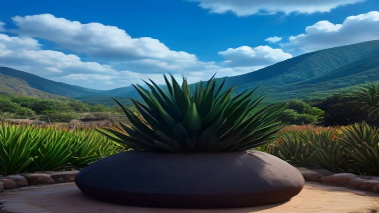 Ilustración de un maguey de pencas verdes azuladas sobre una gran base redonda de piedra oscura, rodeado de plantas de agave, con cerros verdes y un cielo azul con nubes blancas al fondo